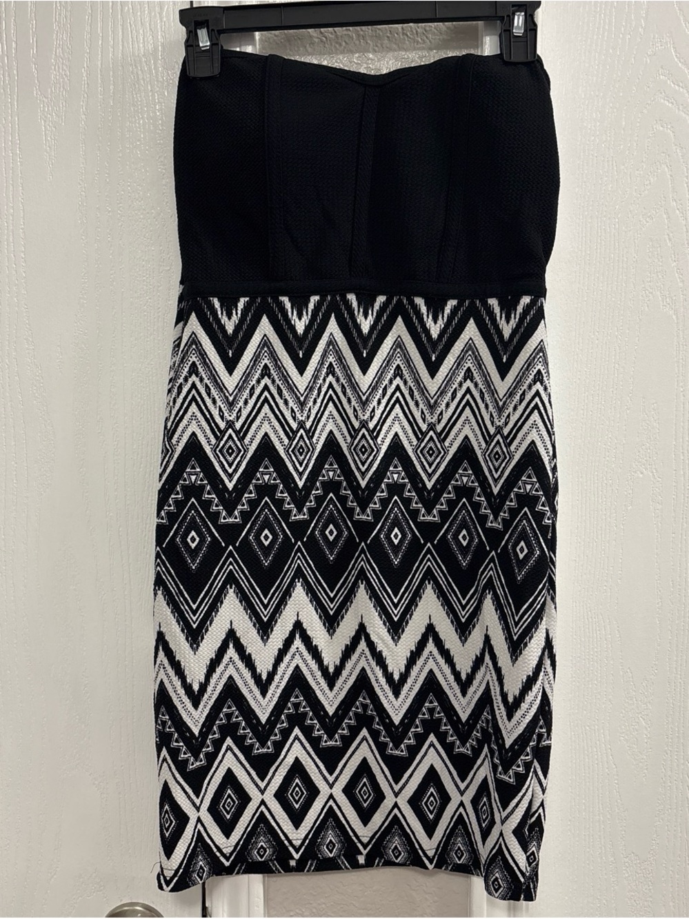 Love Black and White Strapless Chevron dress
